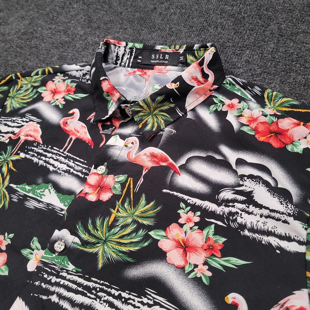 SSLR Men Hawaiian Shirt‎ Medium Flamingo Tropical Black Vintage Style